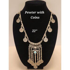 Vintage Pewter Coin Necklace 22" Bohemian Style Gypsy Jewelry